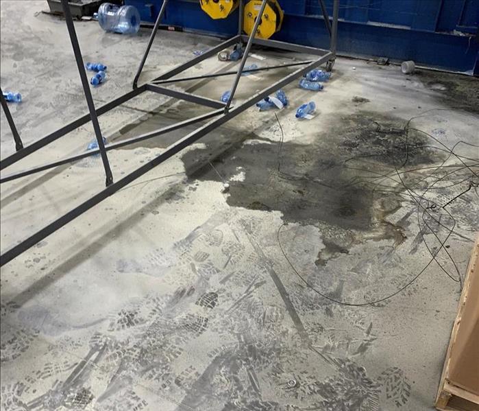 Concrete floors with a white layer of dust/dirt. Also picture is a grey step ladder and blue carboard compactor. 